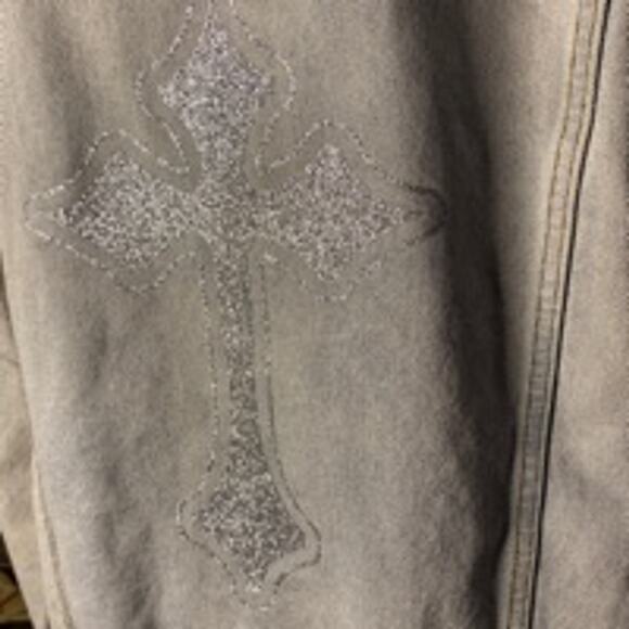 Upcycled Light Wash Denim Jacket XL Cross Detail Handmade Statement Piece - Picture 2 of 12